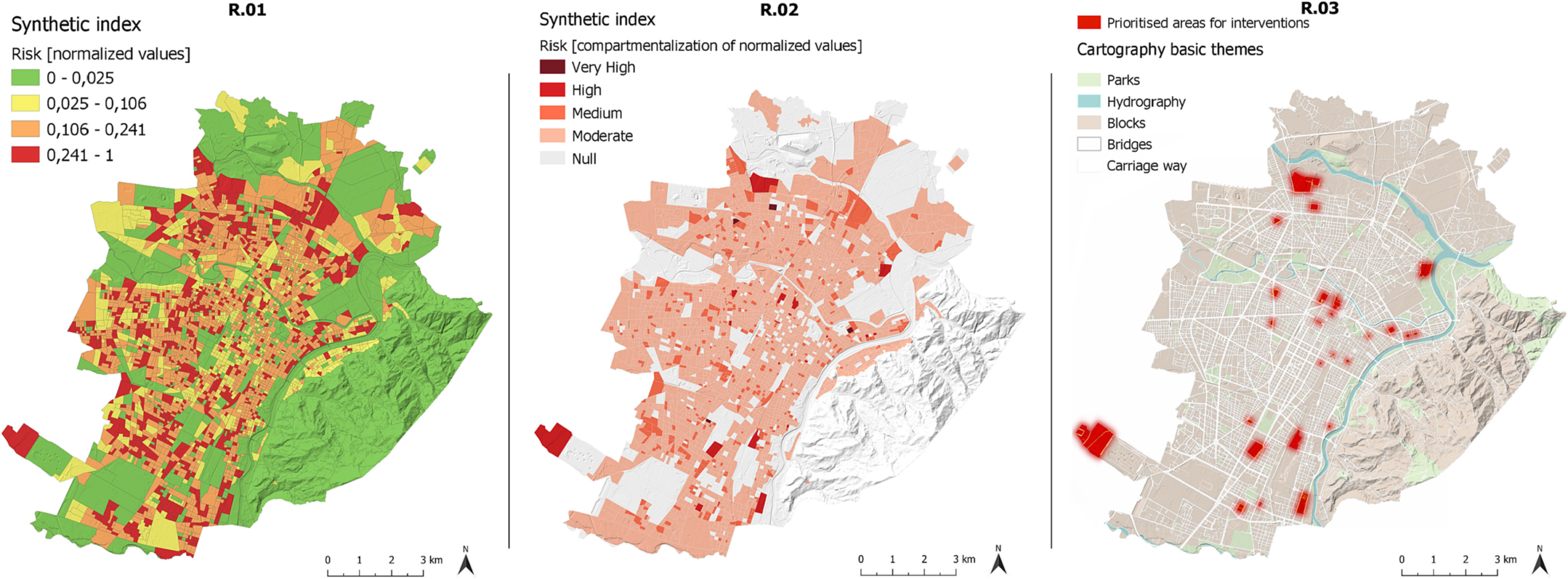 Maps of the UHI risks and the prioritized areas for intervention