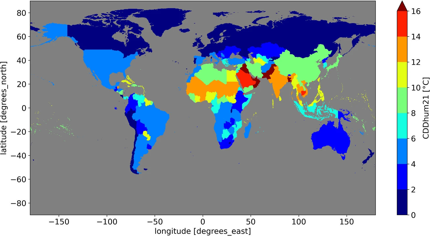 Mapa das regiões por seu valor percentil 90 de CDDhum21 diário em 2000–2020