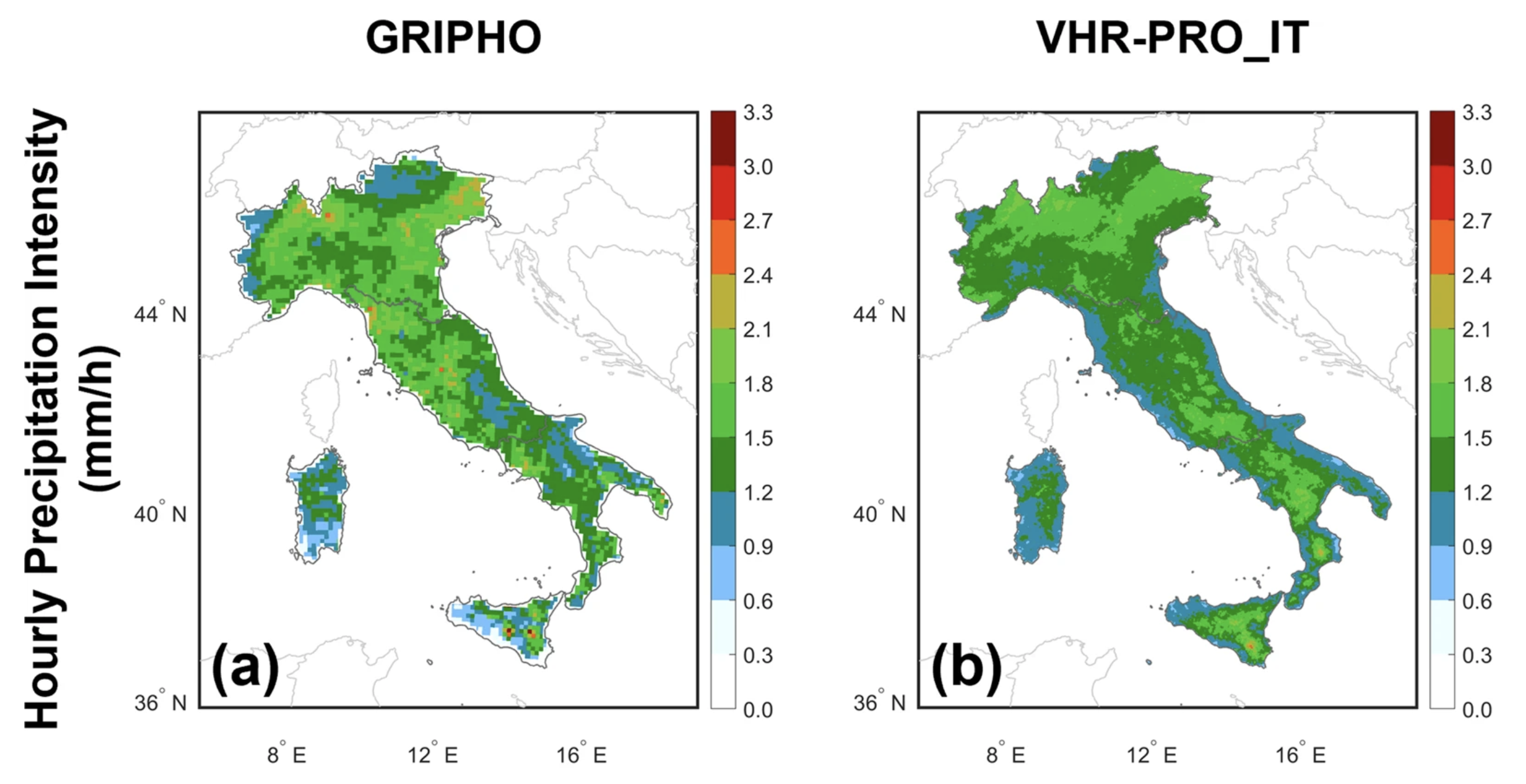 Summer hourly indices over Italy for (a) GRIPHO and (b) VHR-PRO_IT: hourly precipitation intensity (mm/h) events.