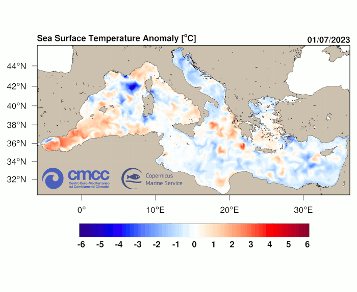Sea Surface Temperature Anomaly, simulated from 01 to 18 July, 2023, and predicted from 19 to 28 July, 2023. Colours on the map show the difference between the daily sea surface temperature and the climatological July values computed over 1987-2020 yrs from Mediterranean Sea reanalysis (provided to Copernicus Marine Service). Darker red corresponds to higher anomaly, reaching up to +6°C.