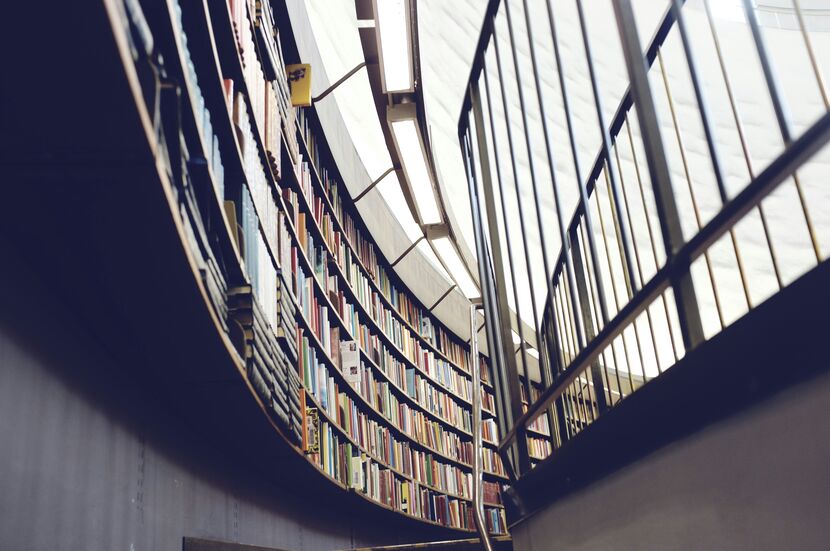 foto architettonica dell'interno della biblioteca con i libri e scaffale