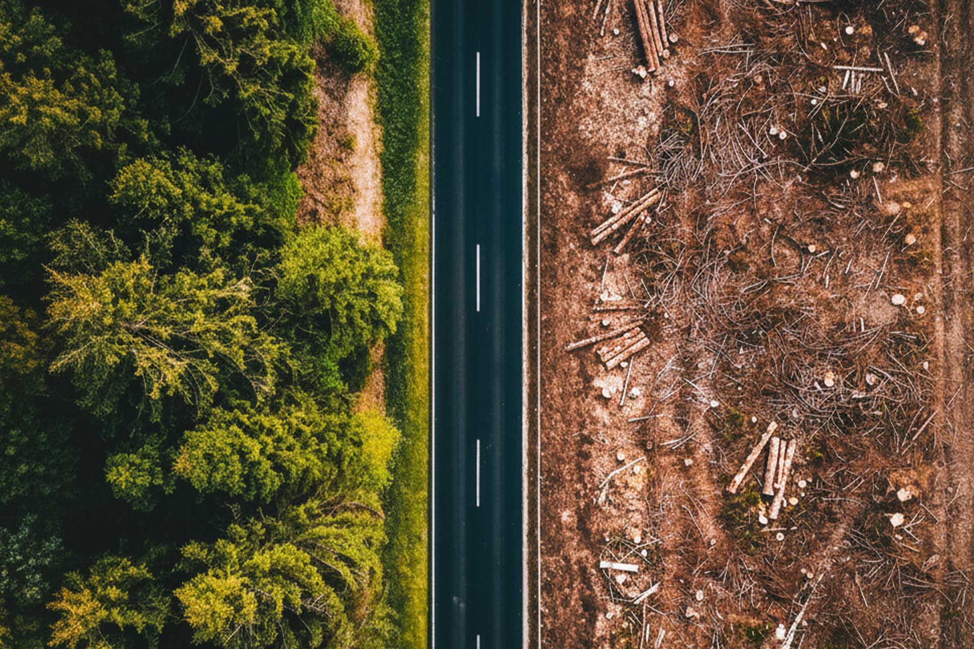 Aerial view showing contrast between forest and deforested land divided by a road, illustrating the impact of human activities on carbon cycles